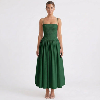 Vestido Midi Mujer Tirantes Cuerpo Fruncido Falda Vuelo