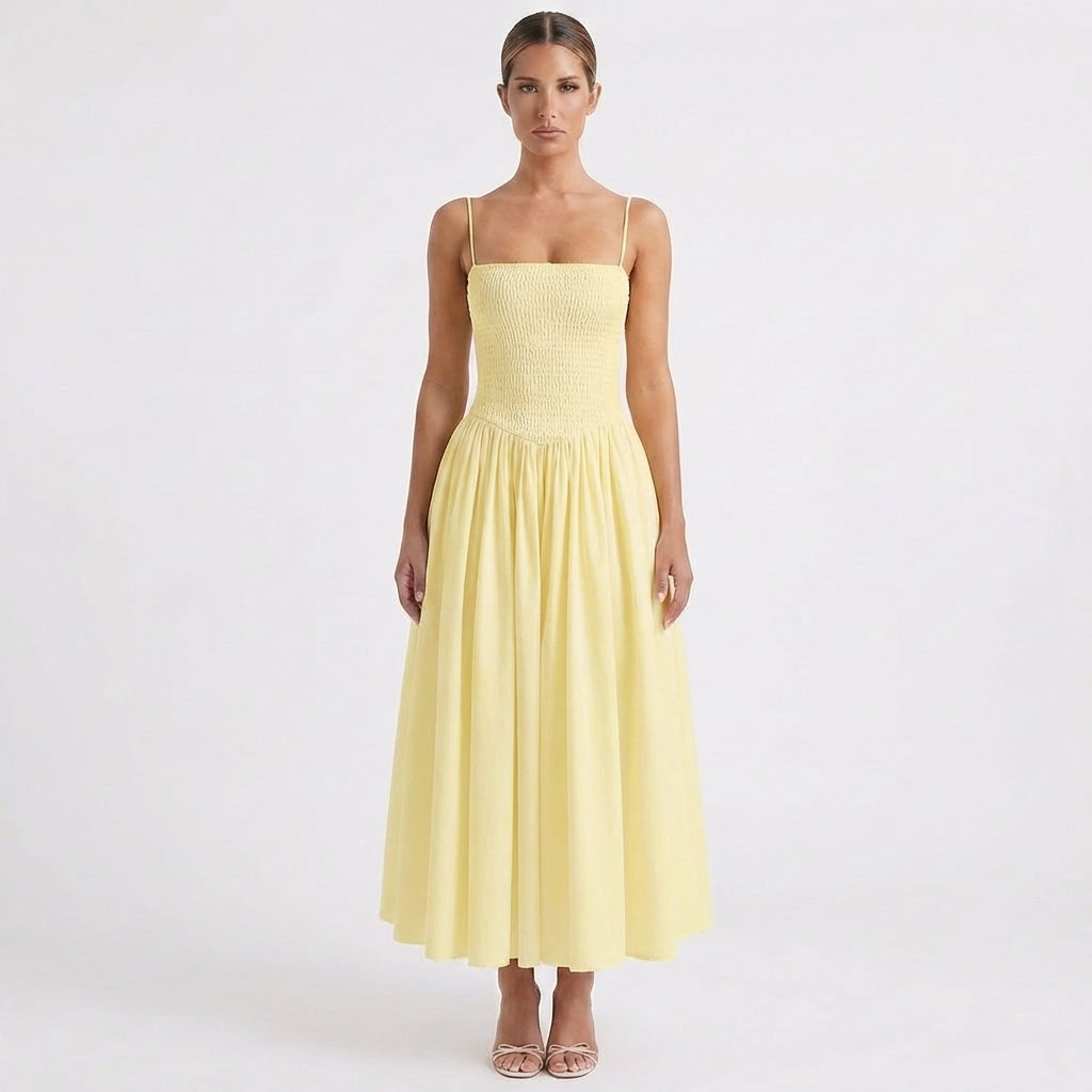 Vestido Midi Mujer Tirantes Cuerpo Fruncido Falda Vuelo