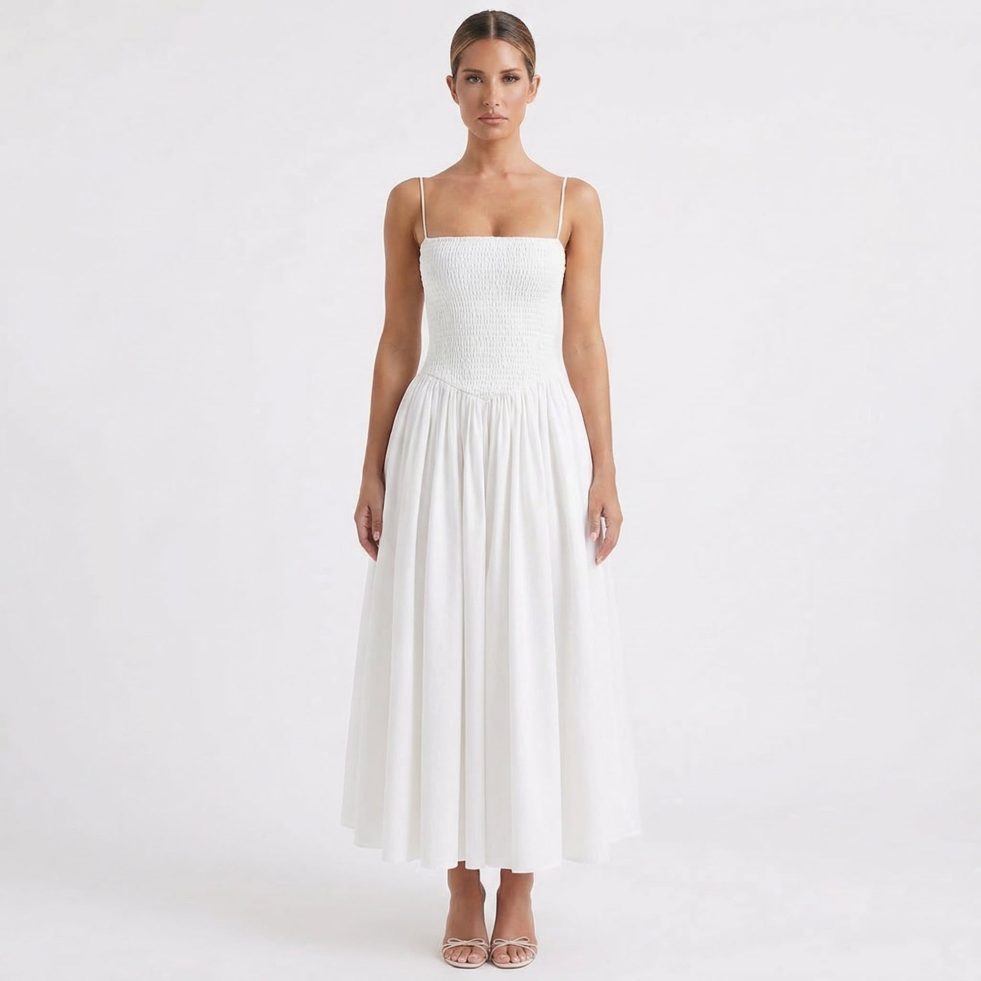 Vestido Midi Mujer Tirantes Cuerpo Fruncido Falda Vuelo - Mavetta