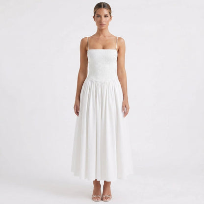 Vestido Midi Mujer Tirantes Cuerpo Fruncido Falda Vuelo - Mavetta