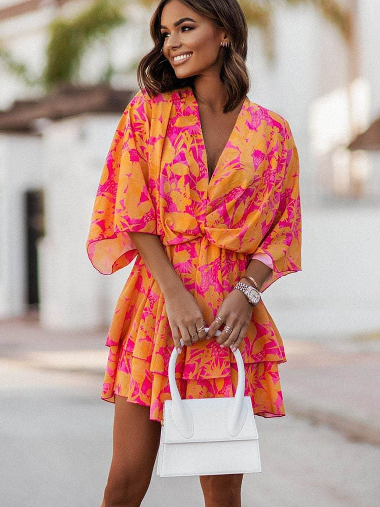 Vestido Minivestido Mujer Floral Cuello en V Mangas Largas - Mavetta