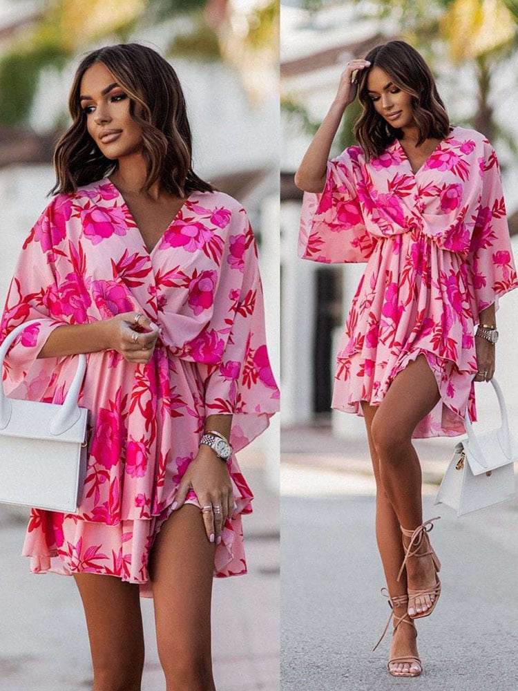 Vestido Minivestido Mujer Floral Cuello en V Mangas Largas