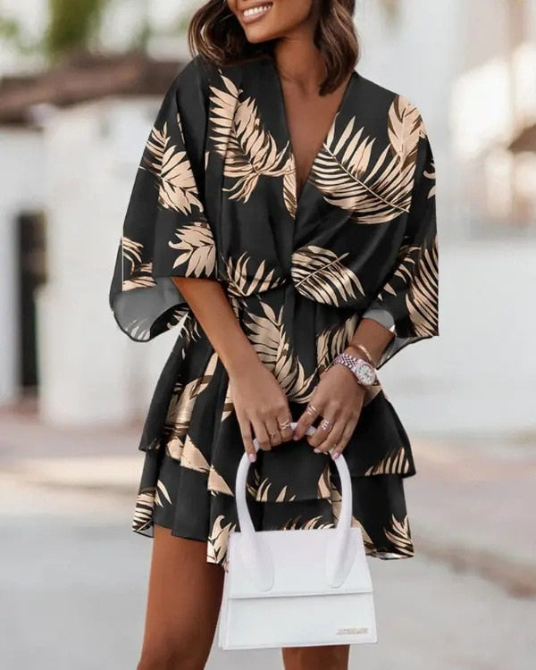 Vestido Minivestido Mujer Floral Cuello en V Mangas Largas