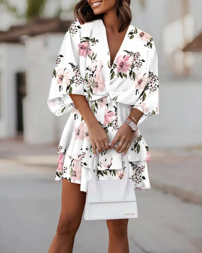 Vestido Minivestido Mujer Floral Cuello en V Mangas Largas