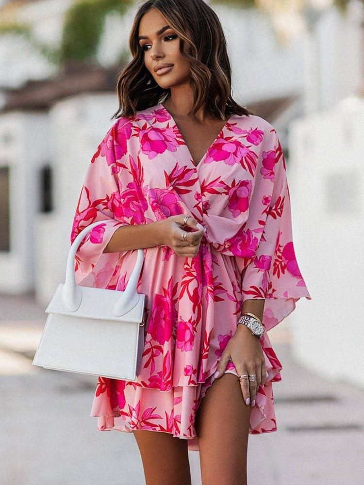 Vestido Minivestido Mujer Floral Cuello en V Mangas Largas