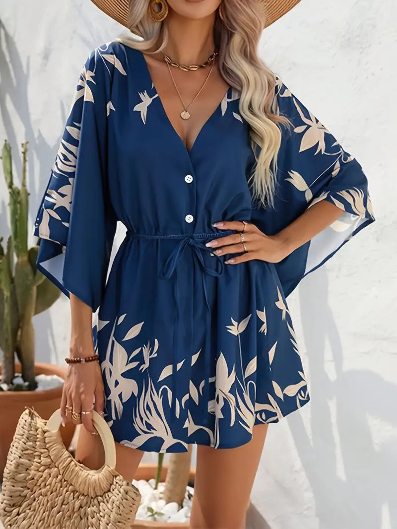 Vestido Minivestido Mujer Floral Cuello en V Mangas Largas