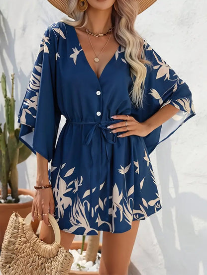 Vestido Minivestido Mujer Floral Cuello en V Mangas Largas