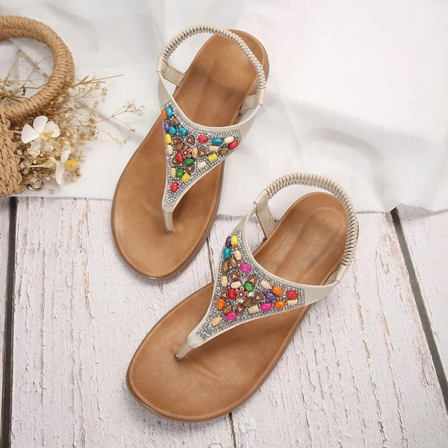Sandalias Planas Mujer Decoracion Cuentas Estilo Retro