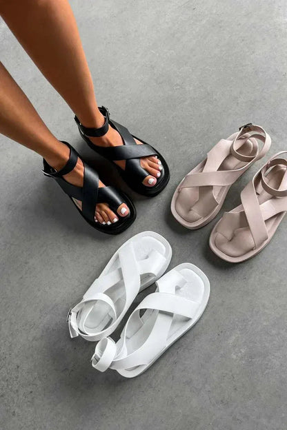 Sandalias Mujer con Tiras Cruzadas y Hebilla Ajustable