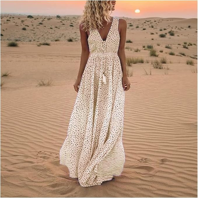 Vestido Largo Mujer Estilo Bohemio Sin Mangas Cuello en V - Mavetta