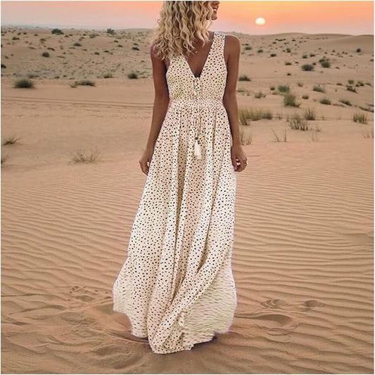 Vestido Largo Mujer Estilo Bohemio Sin Mangas Cuello en V - Mavetta