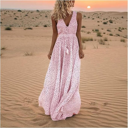 Vestido Largo Mujer Estilo Bohemio Sin Mangas Cuello en V