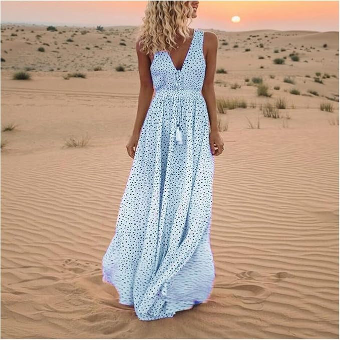 Vestido Largo Mujer Estilo Bohemio Sin Mangas Cuello en V