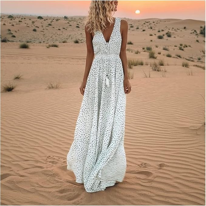 Vestido Largo Mujer Estilo Bohemio Sin Mangas Cuello en V