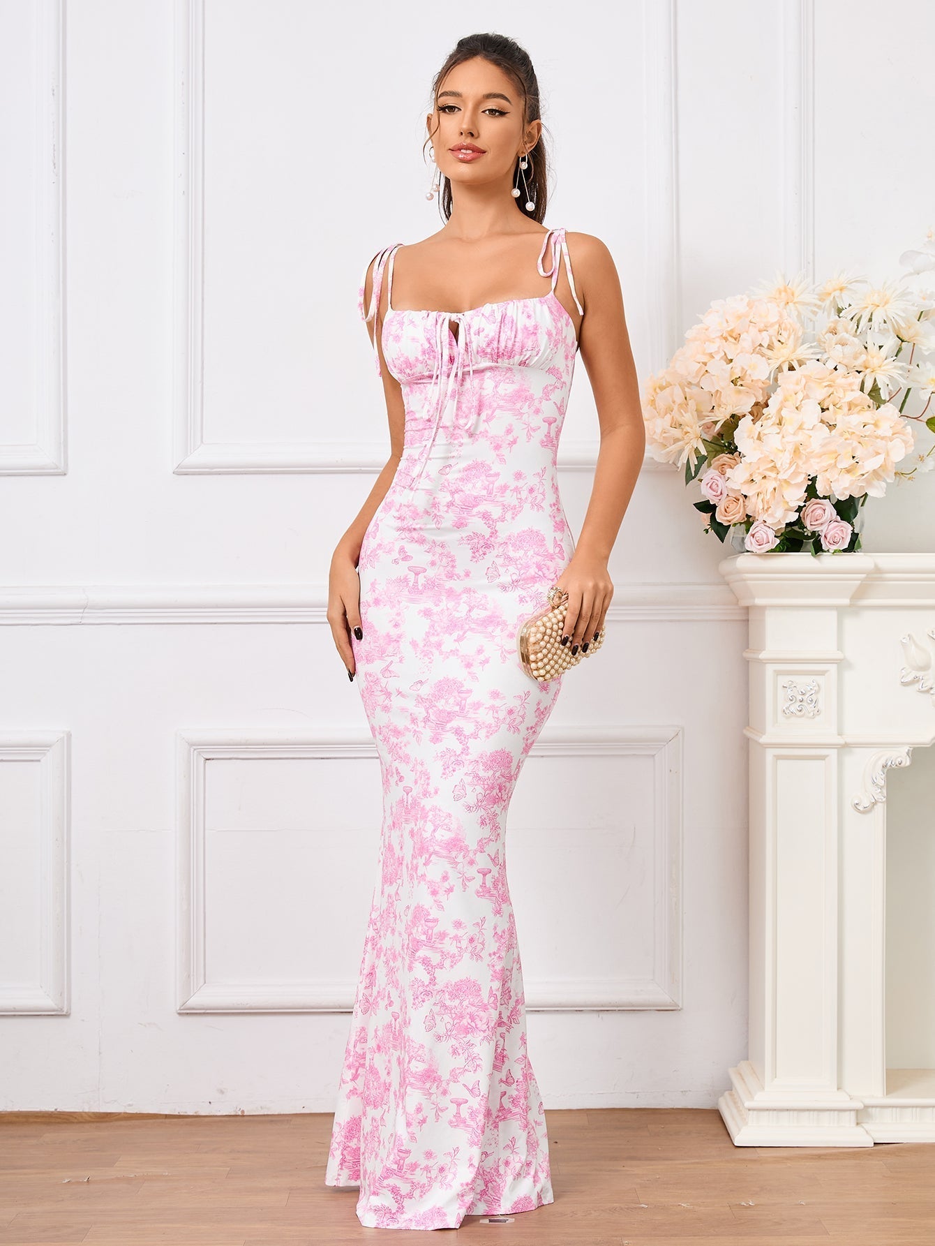 Vestido Largo Mujer Floral Tirantes Anudados Elegante
