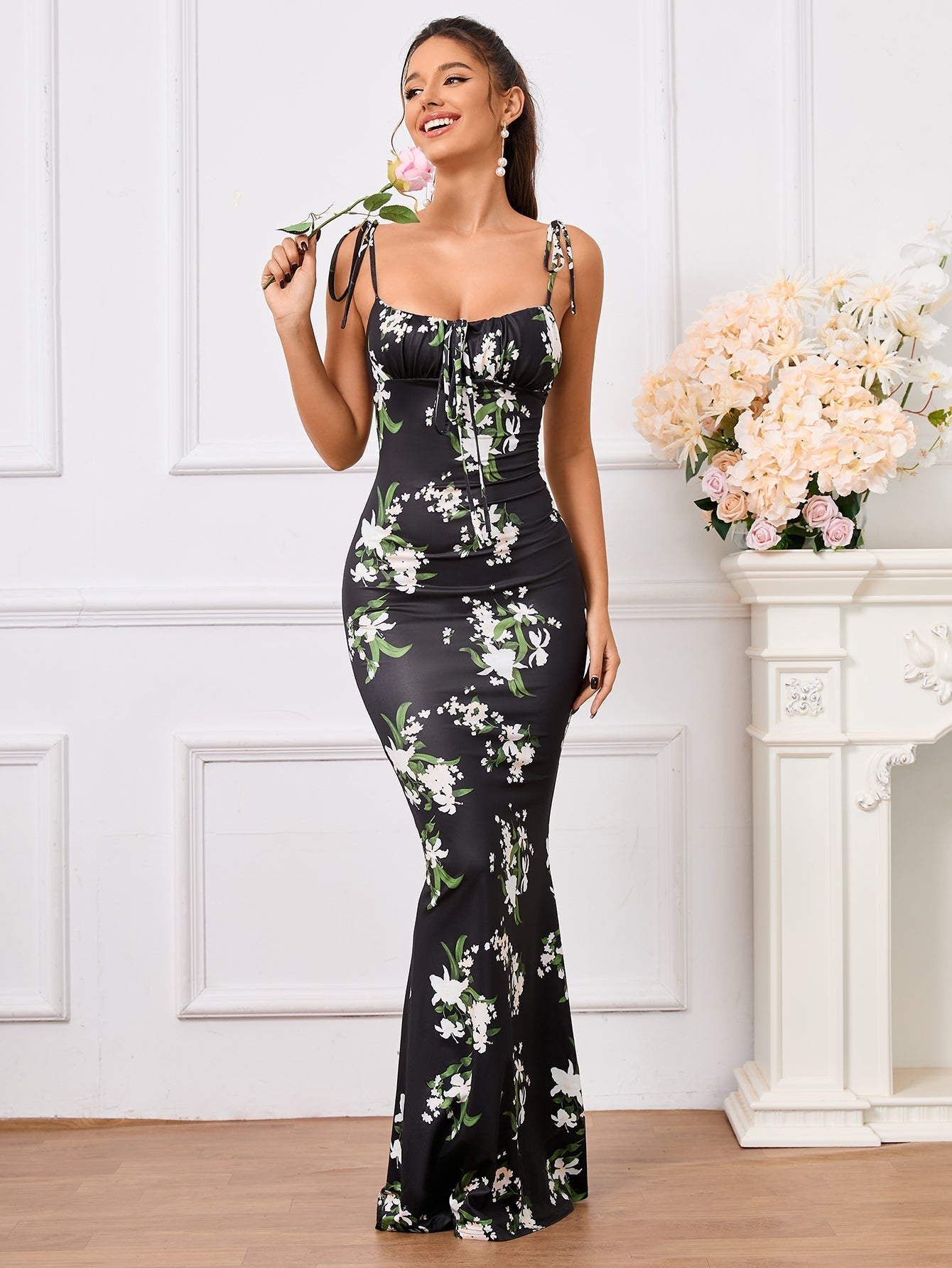 Vestido Largo Mujer Floral Tirantes Anudados Elegante