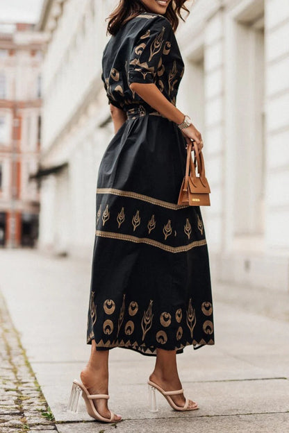 Vestido Midi Mujer Bohemio Manga Larga con Cinturón
