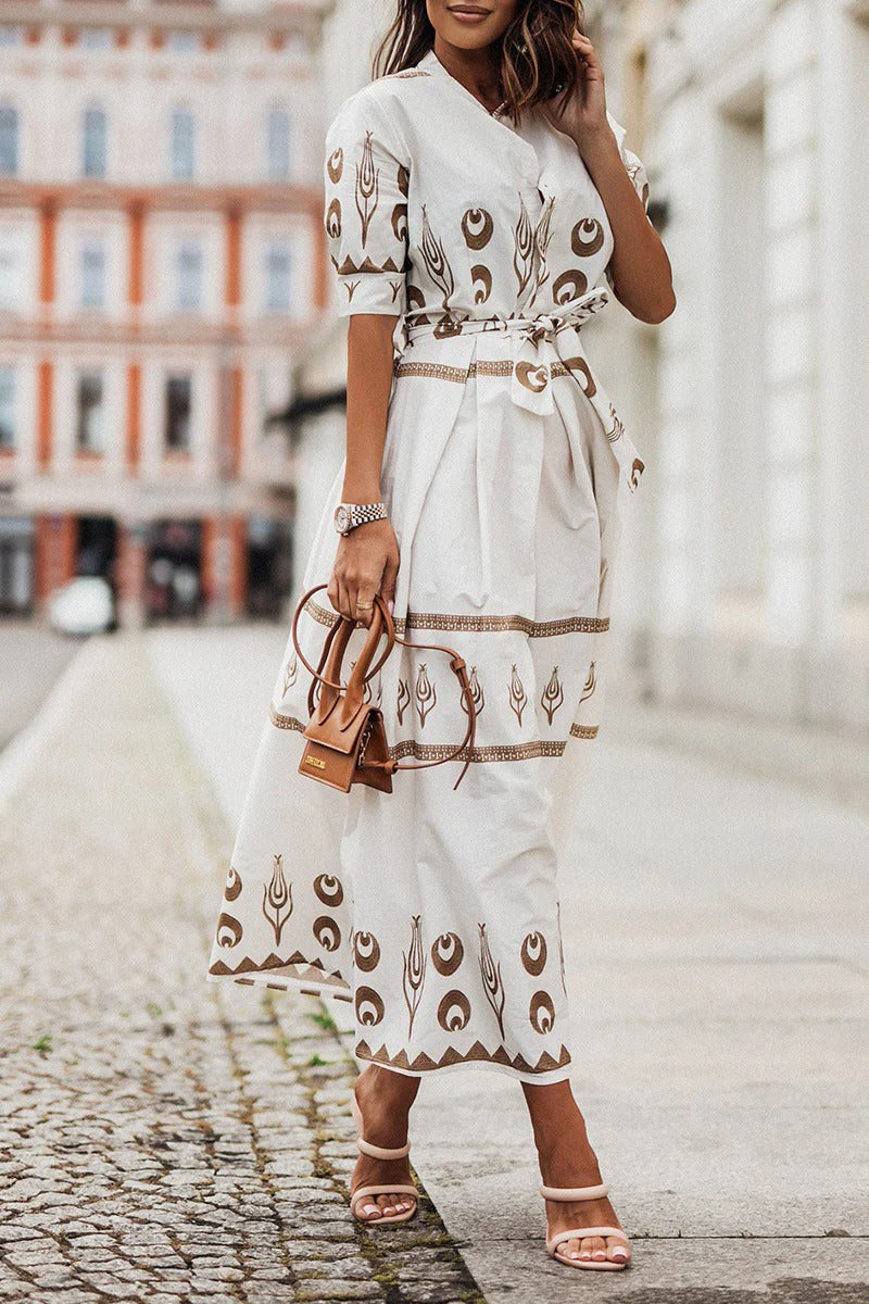 Vestido Midi Mujer Bohemio Manga Larga con Cinturón