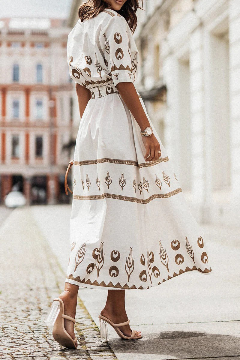 Vestido Midi Mujer Bohemio Manga Larga con Cinturón
