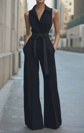 Mono mujer sin mangas cuello de solapa pantalón largo pata ancha