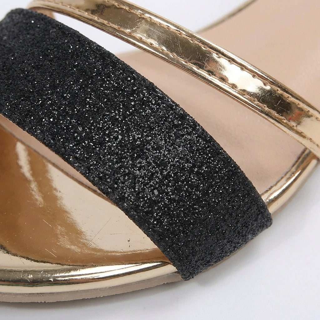 Sandalias Mujer Tacón Bajo Brillantes Tobillera