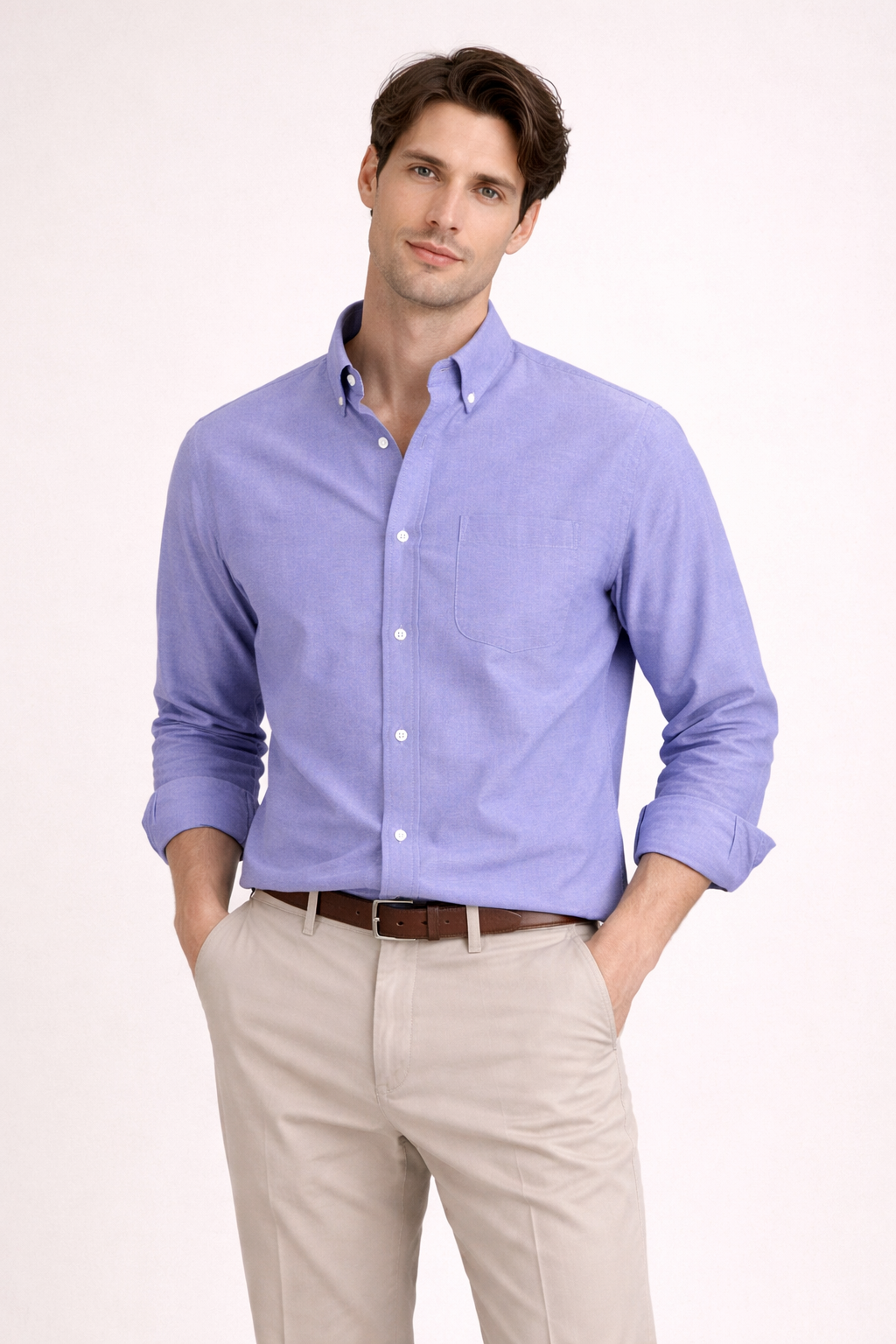 Camisa Hombre Casual Algodón Manga Larga Corte Recto