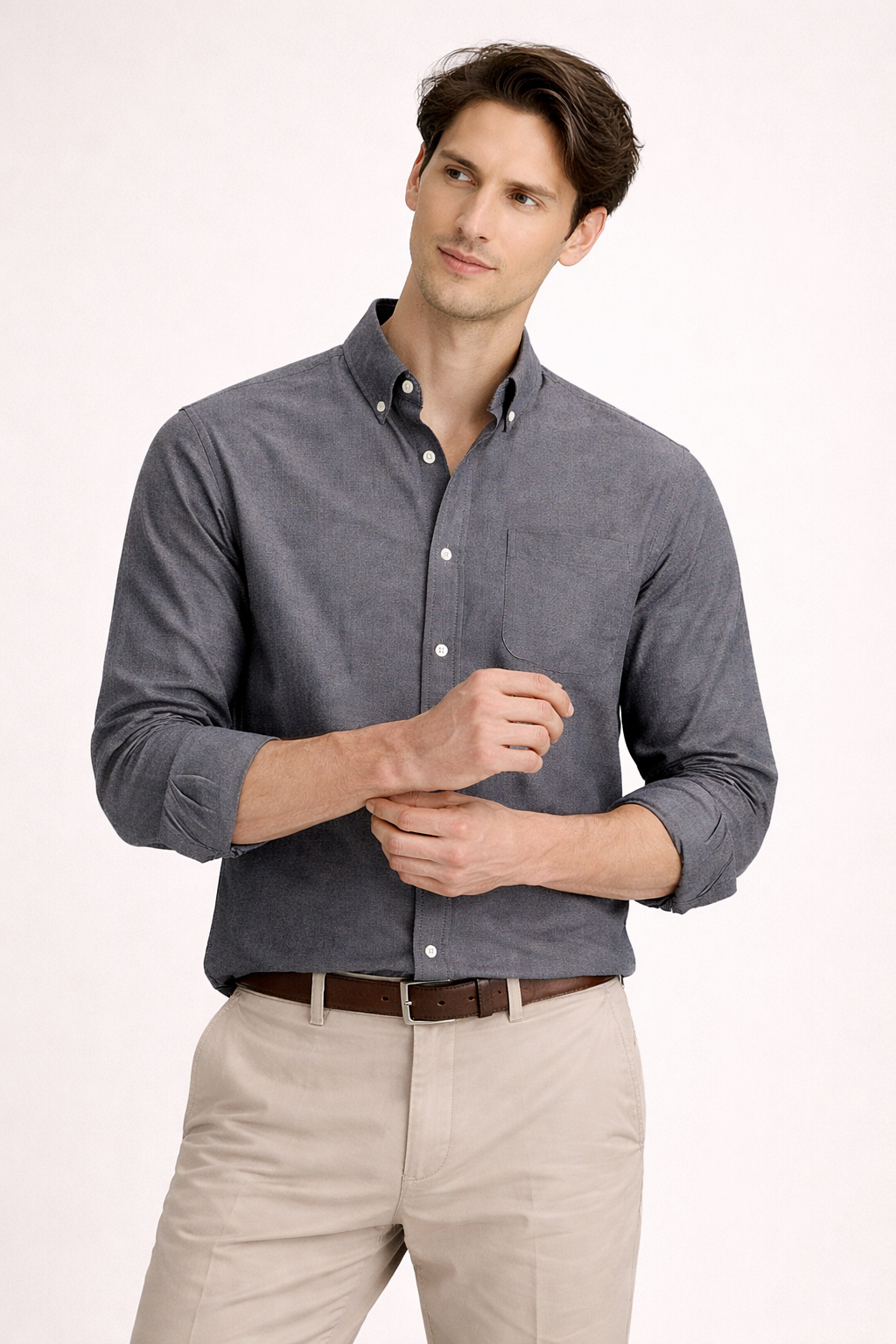 Camisa Hombre Casual Algodón Manga Larga Corte Recto