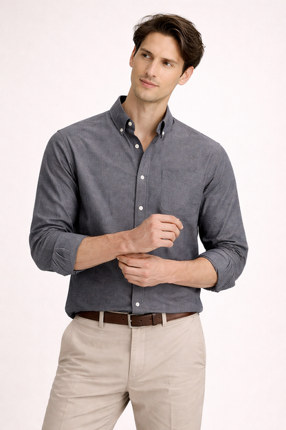 Camisa Hombre Casual Algodón Manga Larga Corte Recto