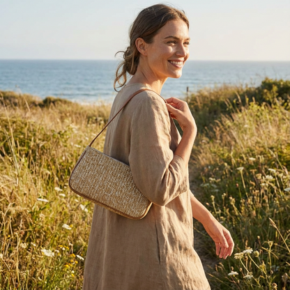 Bolso Baguette Mujer de Rafia Trenzada Asa de Piel Veraniego