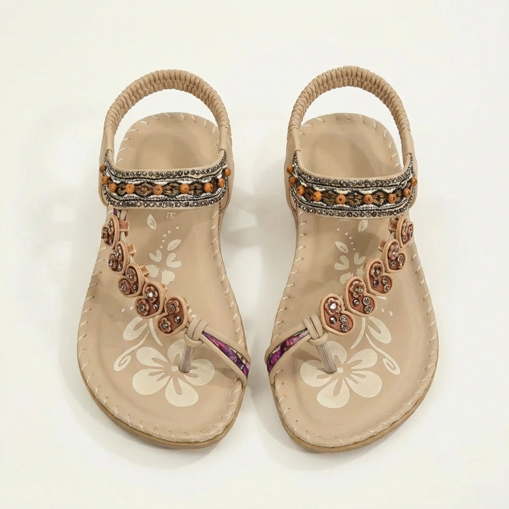 Sandalias Planas Mujer con Apliques Florales y Tiras con Cuentas Boho