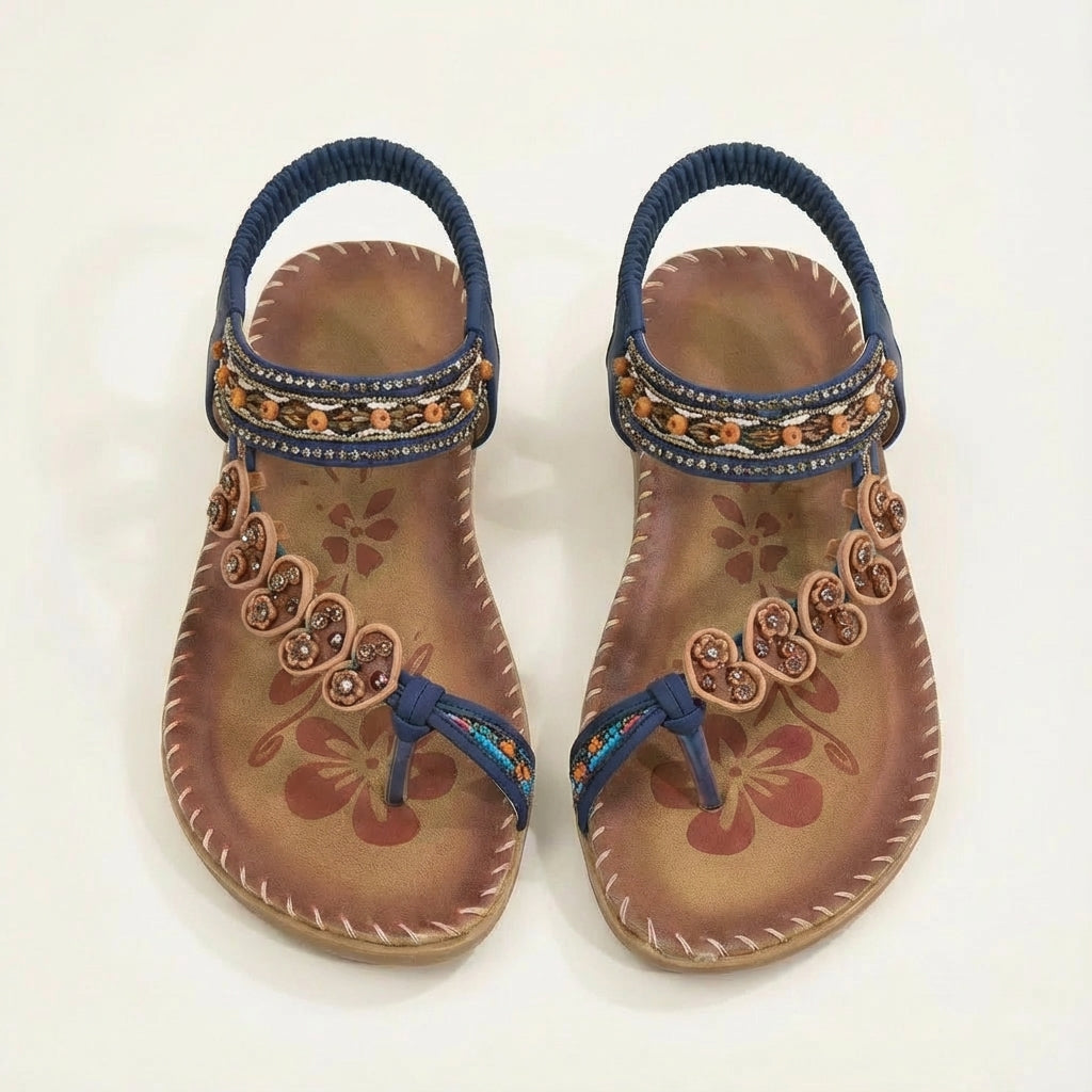Sandalias Planas Mujer con Apliques Florales y Tiras con Cuentas Boho
