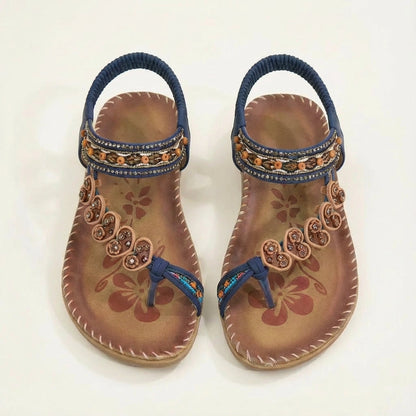 Sandalias Planas Mujer con Apliques Florales y Tiras con Cuentas Boho