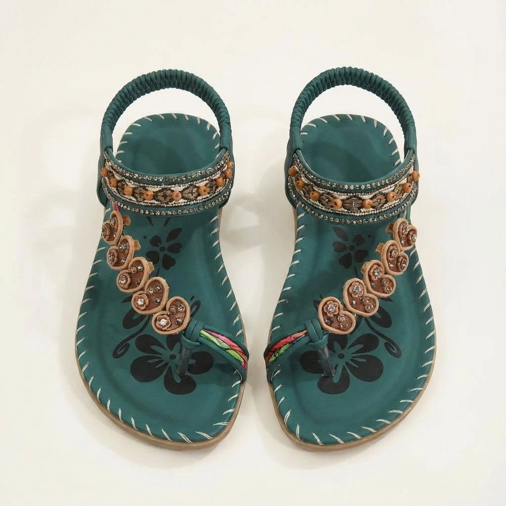 Sandalias Planas Mujer con Apliques Florales y Tiras con Cuentas Boho
