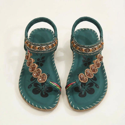 Sandalias Planas Mujer con Apliques Florales y Tiras con Cuentas Boho