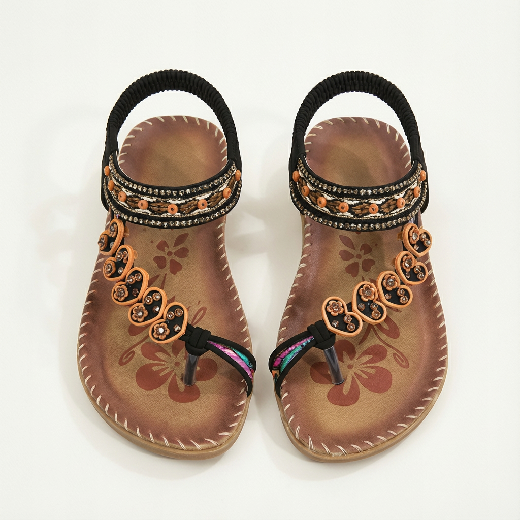 Sandalias Planas Mujer con Apliques Florales y Tiras con Cuentas Boho