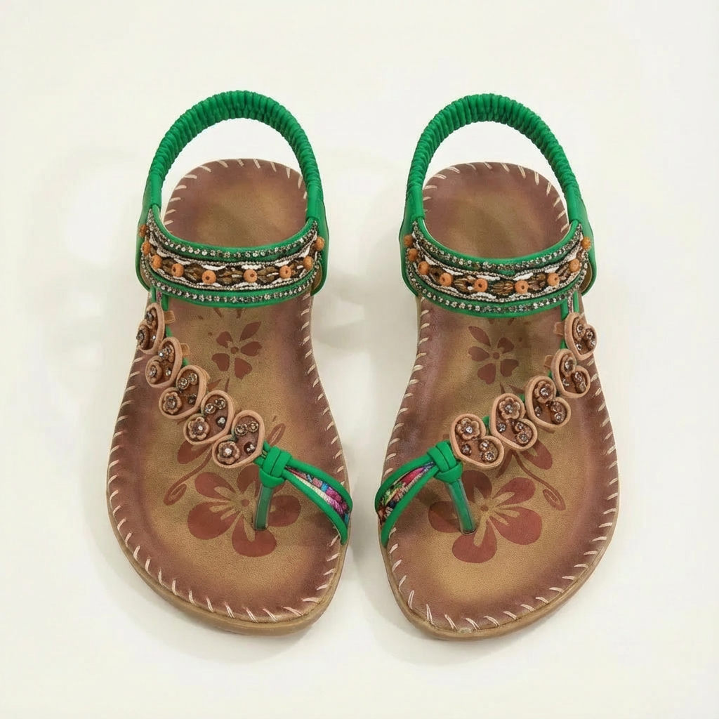 Sandalias Planas Mujer con Apliques Florales y Tiras con Cuentas Boho