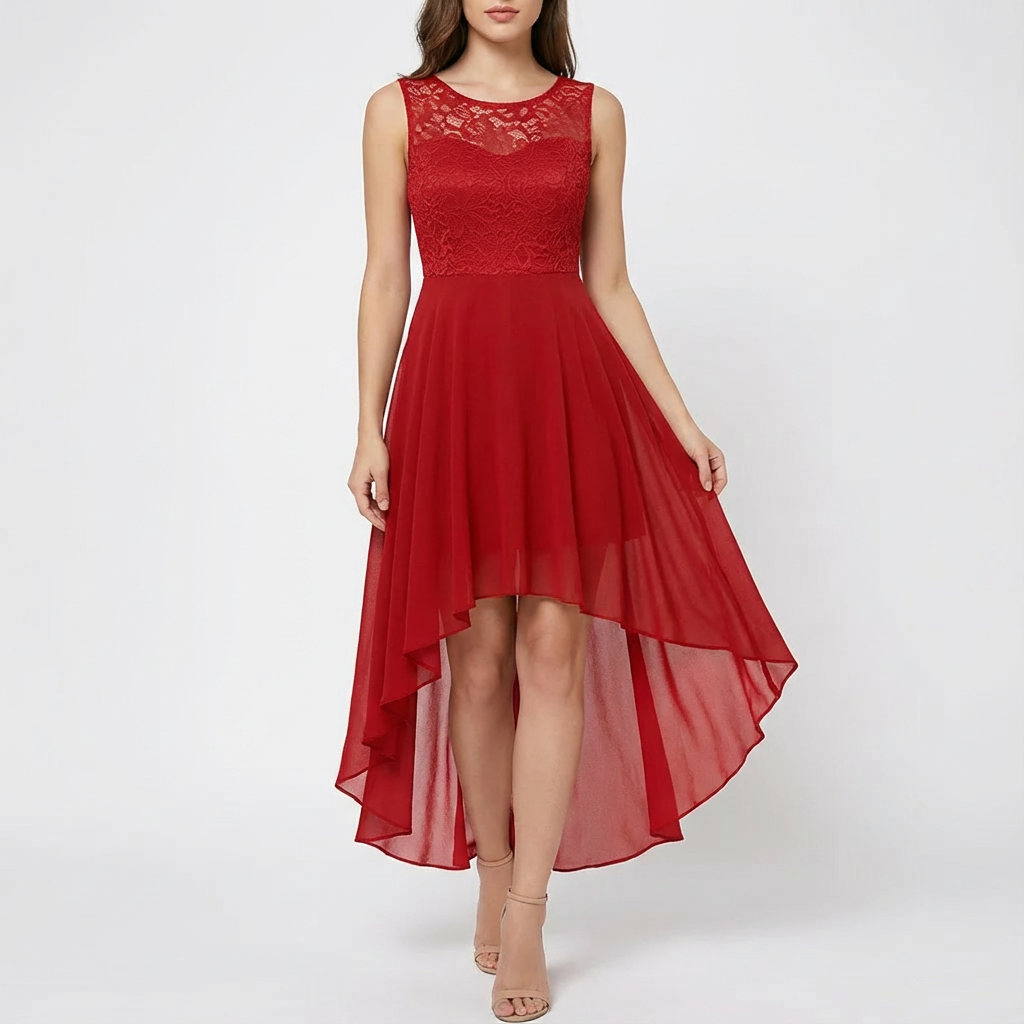 Vestido Mujer A-Line Encaje Bordado Bajo Asimétrico