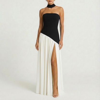 Vestido Maxi Mujer con Cuello Choker y Abertura Lateral
