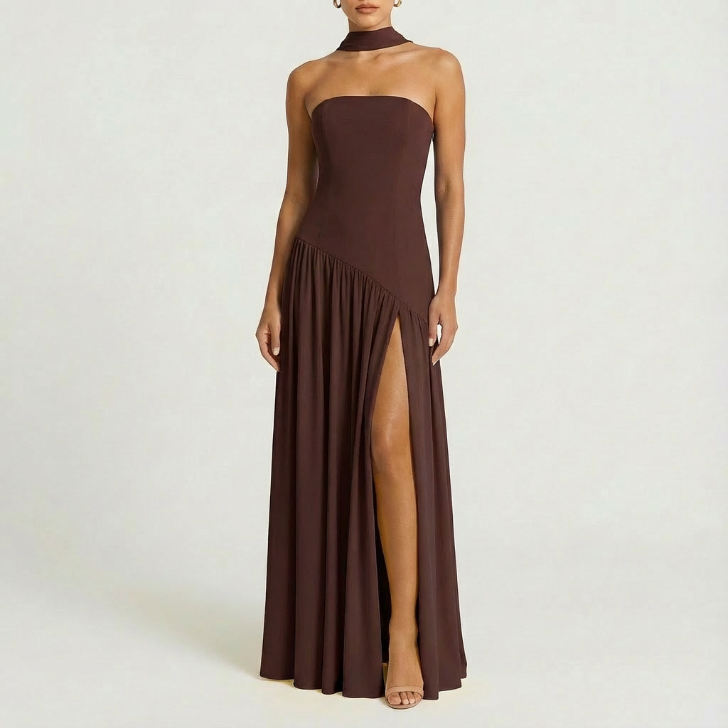 Vestido Maxi Mujer con Cuello Choker y Abertura Lateral