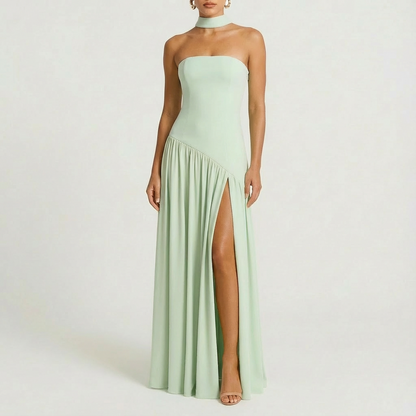 Vestido Maxi Mujer con Cuello Choker y Abertura Lateral