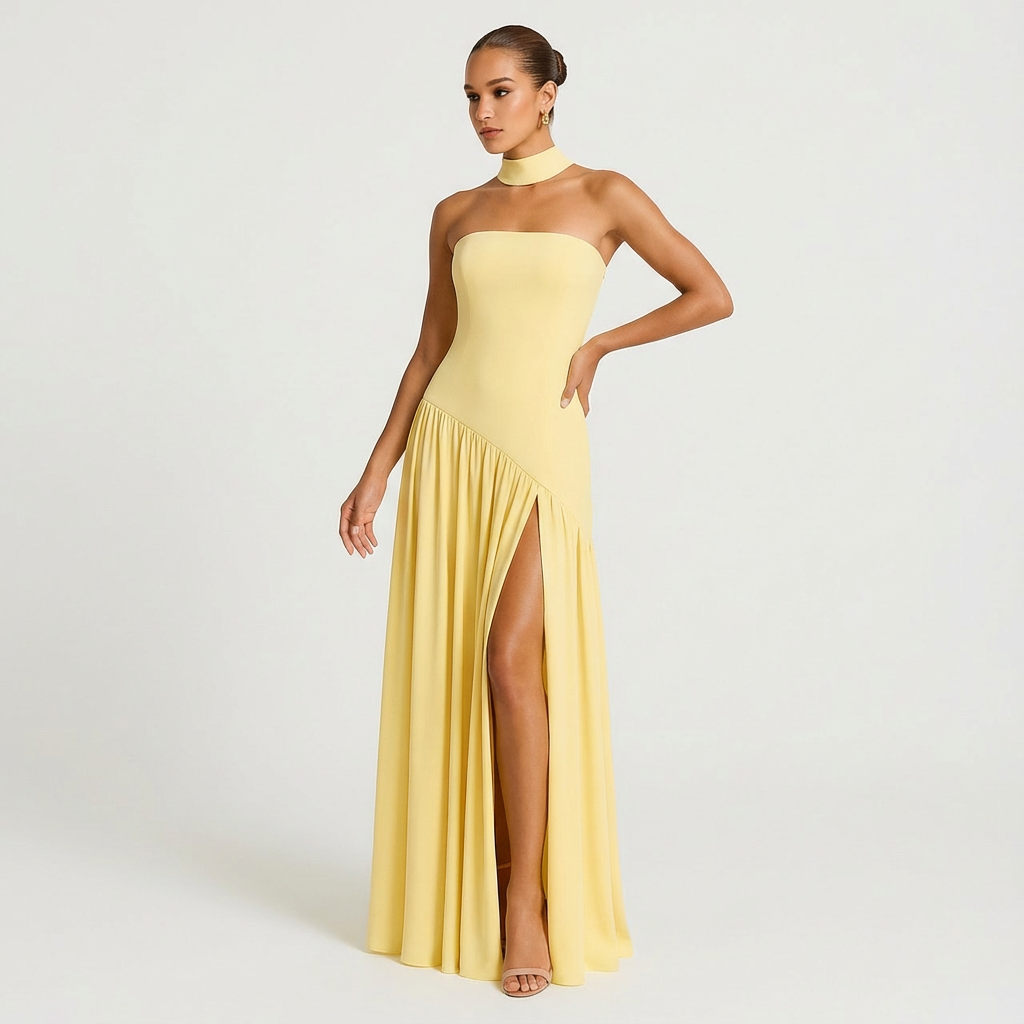Vestido Maxi Mujer con Cuello Choker y Abertura Lateral - Mavetta