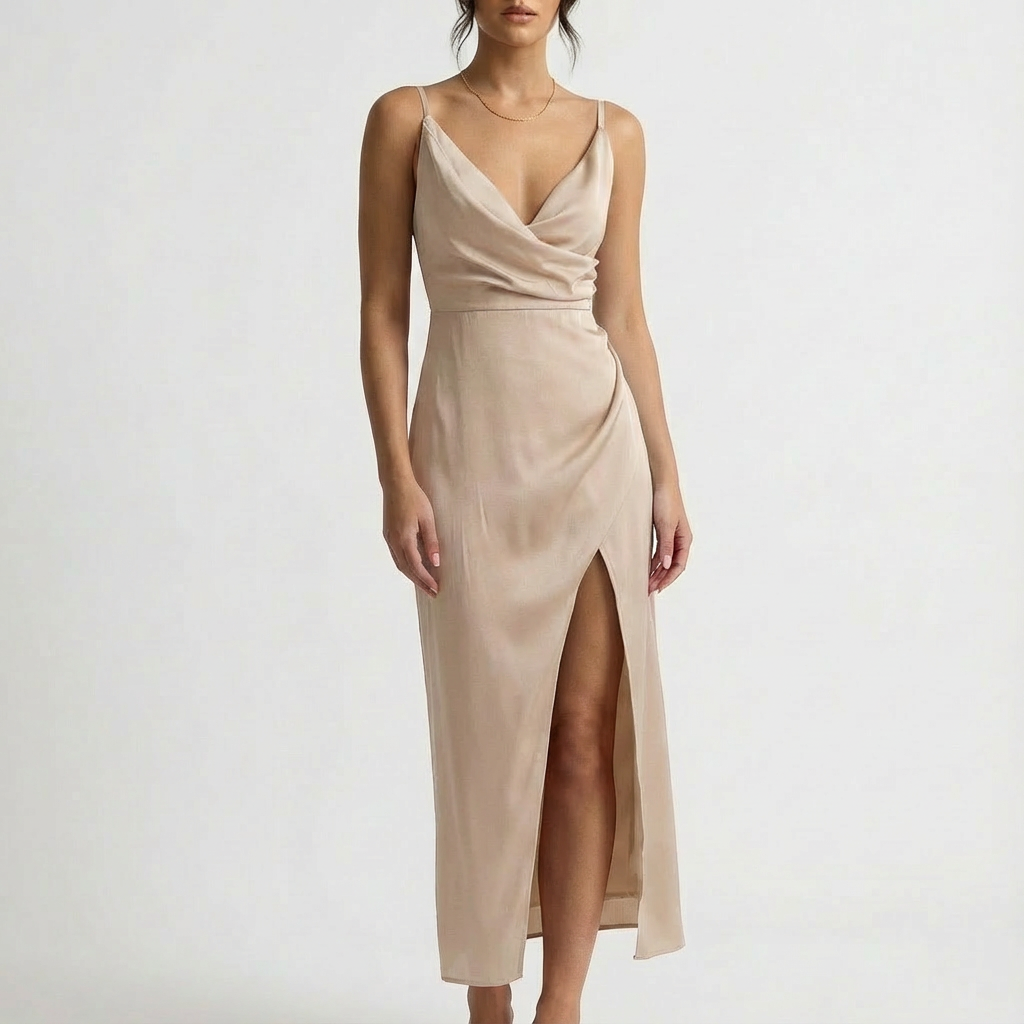 Vestido Maxi Mujer con Escote Drapeado y Abertura Lateral