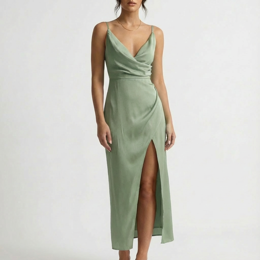 Vestido Maxi Mujer con Escote Drapeado y Abertura Lateral