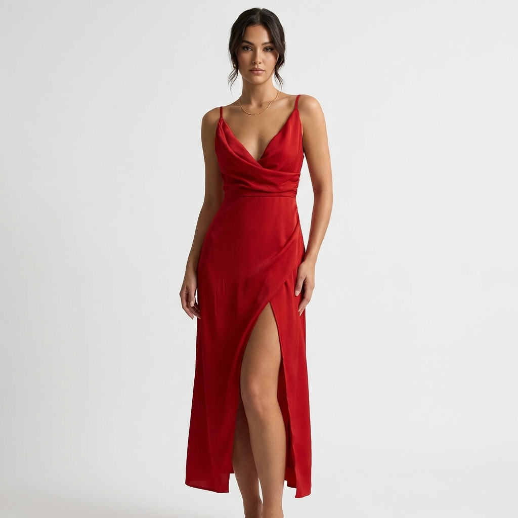 Vestido Maxi Mujer con Escote Drapeado y Abertura Lateral - Mavetta