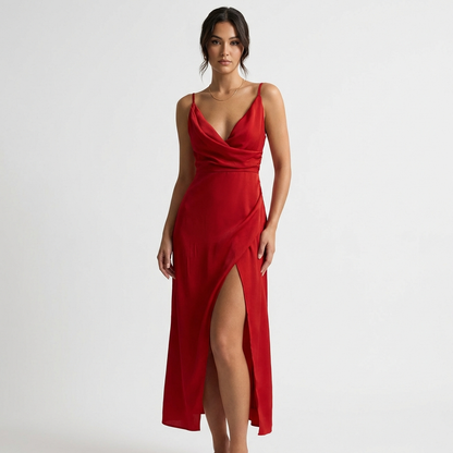 Vestido Maxi Mujer con Escote Drapeado y Abertura Lateral - Mavetta
