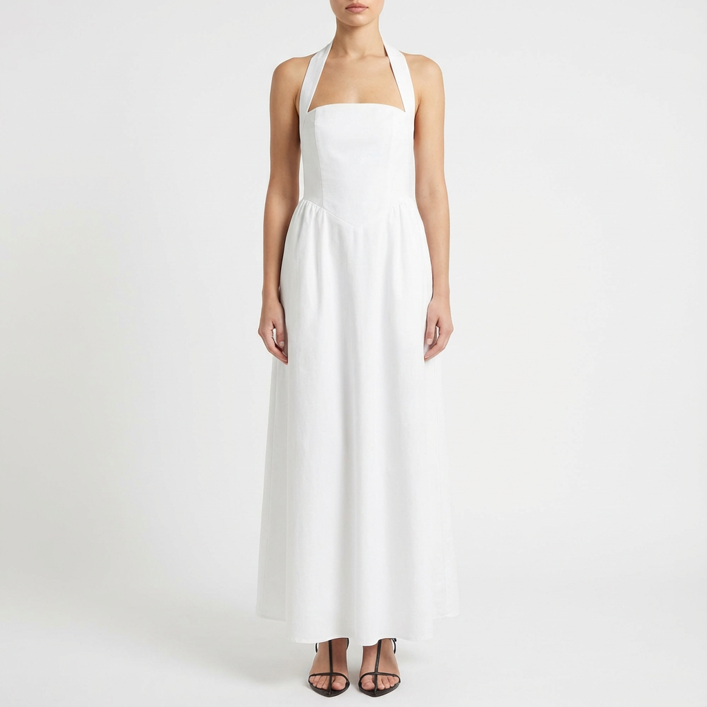 Vestido Maxi Mujer con Escote Halter y Bolsillos Laterales