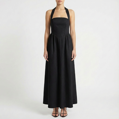 Vestido Maxi Mujer con Escote Halter y Bolsillos Laterales