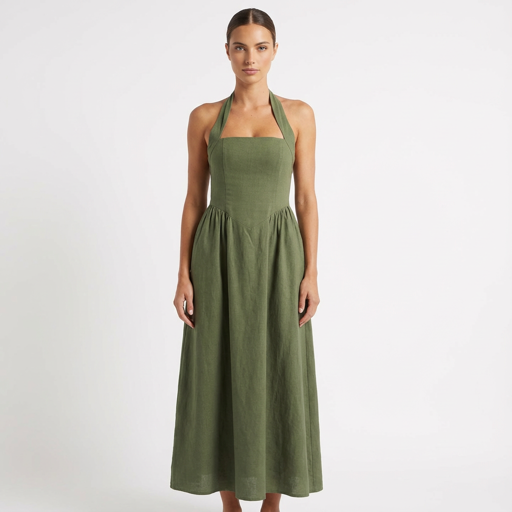 Vestido Maxi Mujer con Escote Halter y Bolsillos Laterales - Mavetta