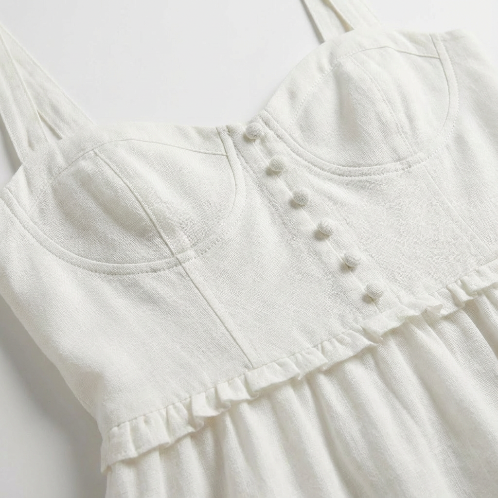 Vestido Midi Mujer con Botonadura Frontal y Busto Fruncido Romántico