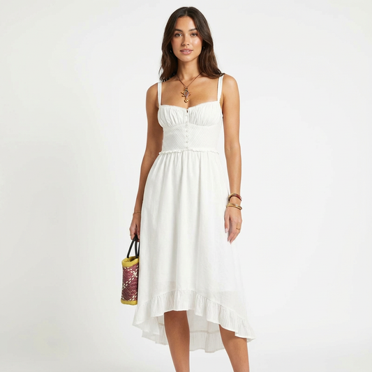 Vestido Midi Mujer con Botonadura Frontal y Busto Fruncido Romántico - Mavetta